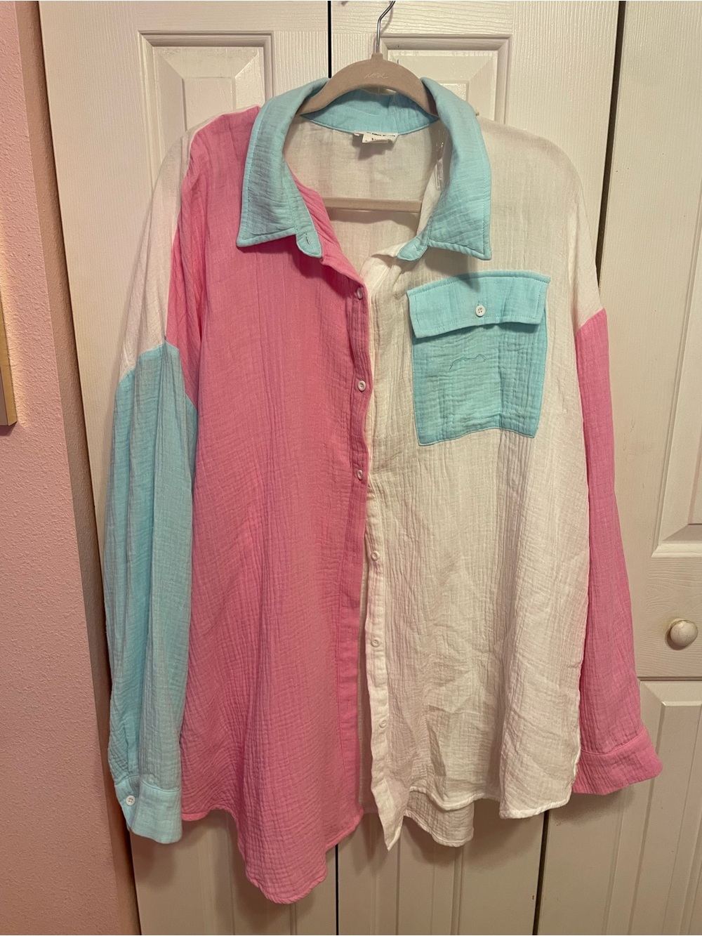 Plus Size Colorblock Button-Up Shirt - Pink, White & Light Blue
